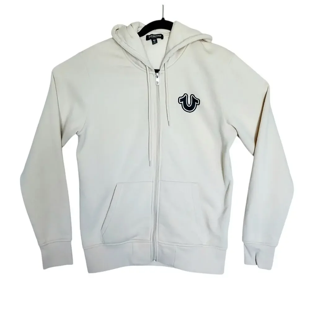 True Religion Men's Guitar Buddha Logo Fleece Full Zip Hoodie Cream Blue Size S